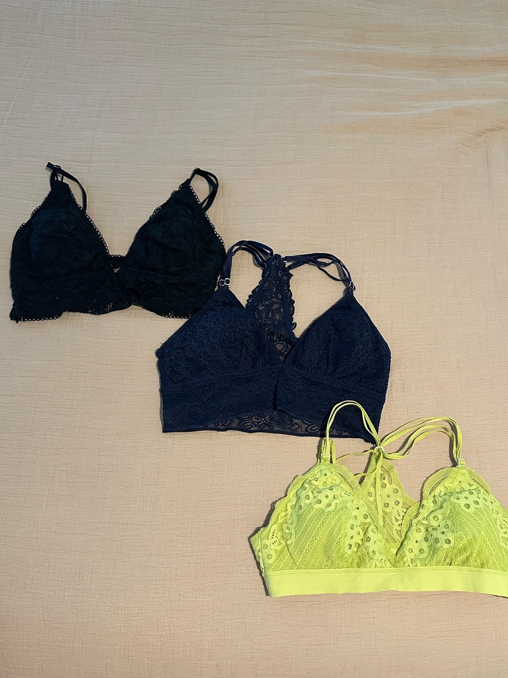 aerie Lace Bralette Trio - Black, Navy, Neon Yellow/Green